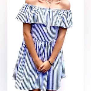 Off Shoulder Striped Sundress Blue White Backless Short Mini Summer Beach Dress